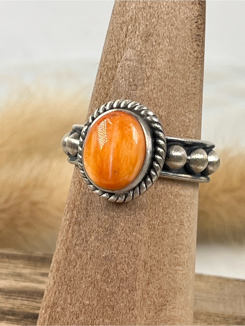 Solid Sterling Silver Orange Spiny Oyster Shell Ring Adjustable Size 6.5 - Picture 9 of 10